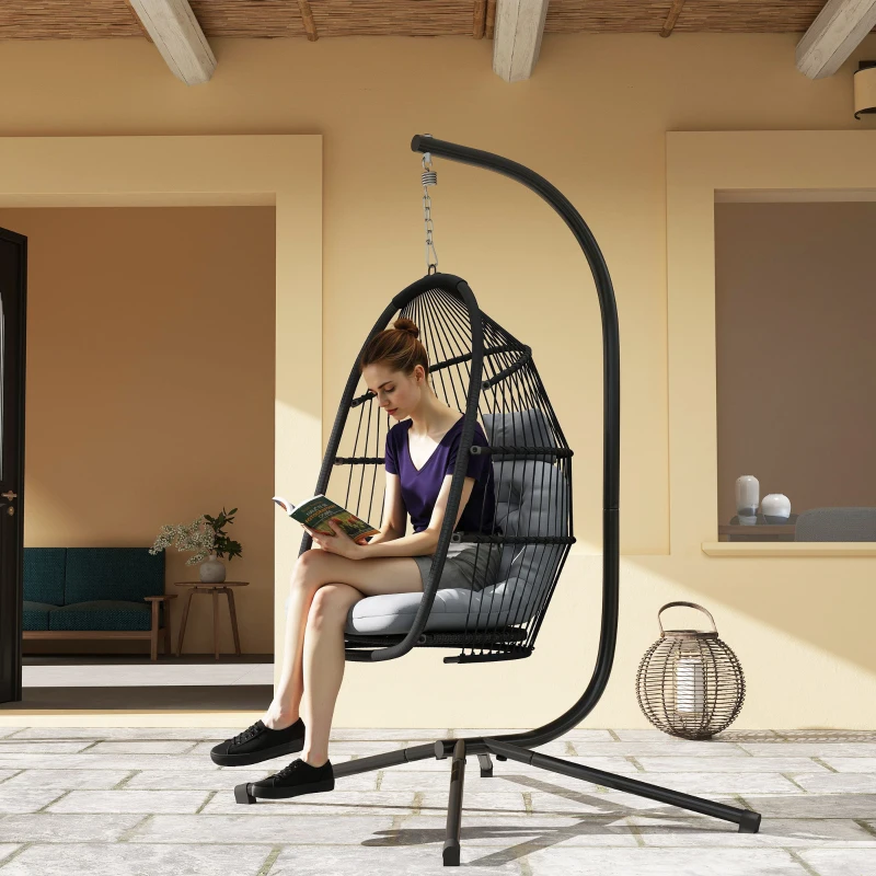 Outsunny Wicker Egg Swing Chair with Stand, Foldable Hanging Egg Chair with UV Resistant Cushion, Headrest, Dark Grey