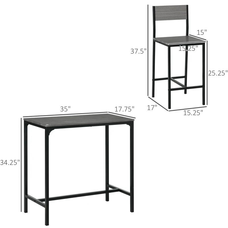 HOMCOM 3 Piece Bar Table and Chairs, Industrial Dining Table Set for 2, Counter Height Kitchen Table with Bar stools, Breakfast Table Set for 2 for Small Space, Gray