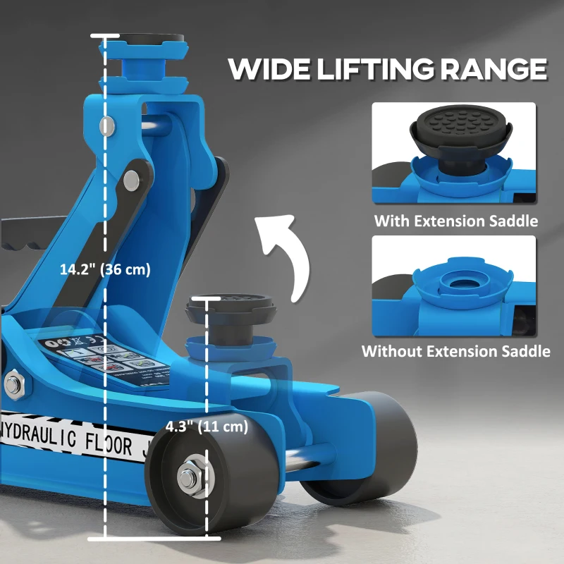 HOMCOM Low Profile Car Jack, Hydraulic Racing Floor Jack, 3.1"-14.1" Lifting Range, 2.5 Ton (5,000 lb) Capacity, Blue