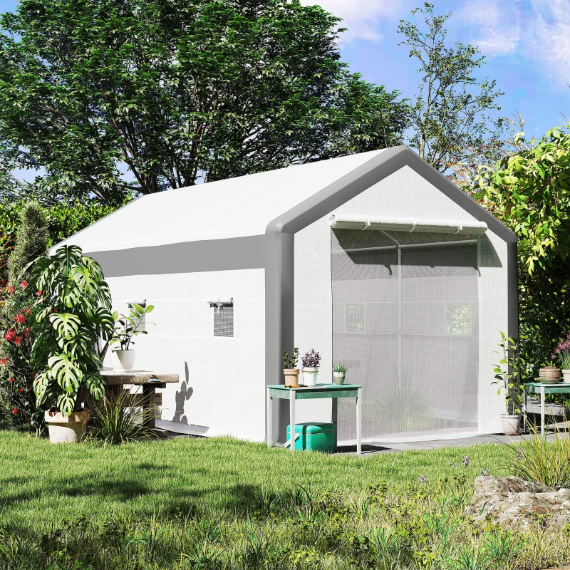 Outsunny 20' x 10' x 9' Walk-in Greenhouse with Roll Up Doors & 6 Windows Plant Growth Warm House Outdoor, PE Cover, White