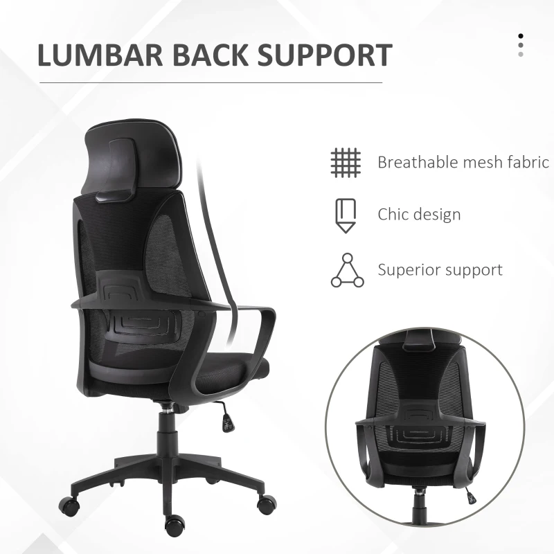 Vinsetto Mesh Office Chair with Up&Down Headrest, Ergonomic Computer Desk Chair with Adjustable Tilt Angle, Height Adjustable Swivel Seat with Lumbar Support for Home Office, Black