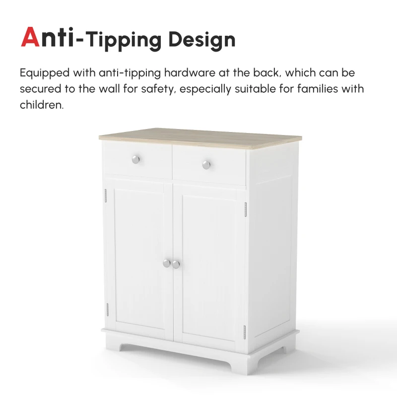 HOMCOM Sideboard Buffet Cabinet with Storage, 27" Kitchen Cabinet with Adjustable Shelf, 2 Drawers and 2 Doors, Coffee Bar Cabinet with Rubberwood Tabletop, White