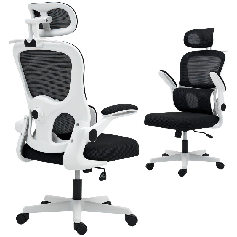 HOMCOM Mesh Office Chair, Ergonomic Desk Chair with Flip-up Armrest, Rotatable Headrest, Adjustable Lumbar Support, Black