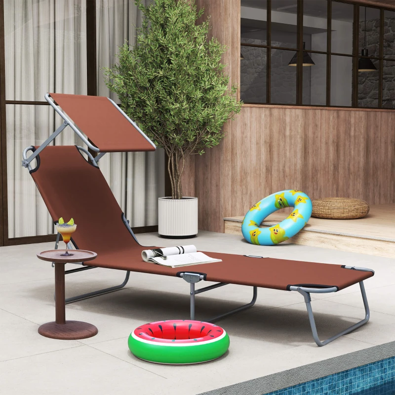 Outsunny Outdoor Lounge Chair, Adjustable Folding Chaise Lounge,  Tanning Chair with Sun Shade for Beach, Camping, Hiking, Backyard, Brown
