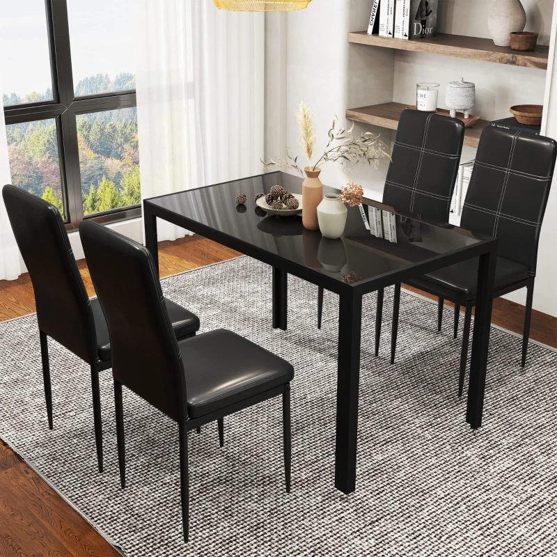 HOMCOM 5-Piece Rectangular Glass Kitchen Table and Chairs with Metal Frame and Faux Leather Upholstery for Dining Room, Black