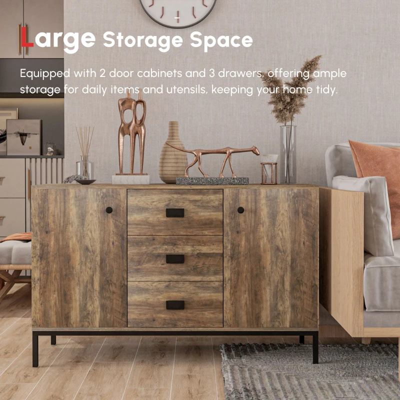 HOMCOM Industrial Sideboard Buffet Storage Cabinet Cupboard with 2 Doors, 3 Drawers and Shelves for Dining Room, Living Room, Brown
