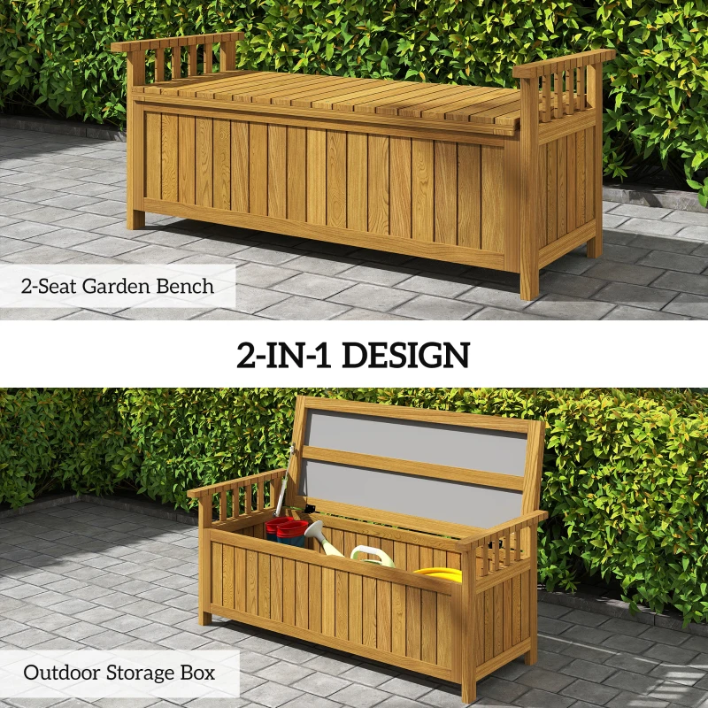 Outsunny Wooden Bench with Storage Box, Outdoor Exterior Bench with Armrests for Patio Garden Balcony, Brown