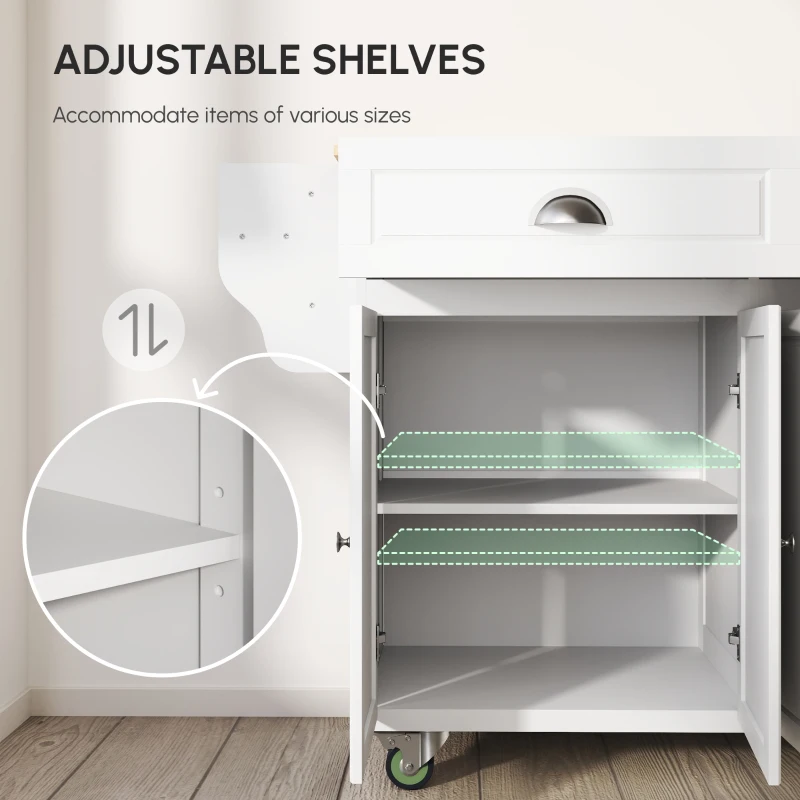 HOMCOM Kitchen Island with Storage, Rolling Kitchen Island with Drop Leaf, Rubber Wood Top and Adjustable Shelves, White