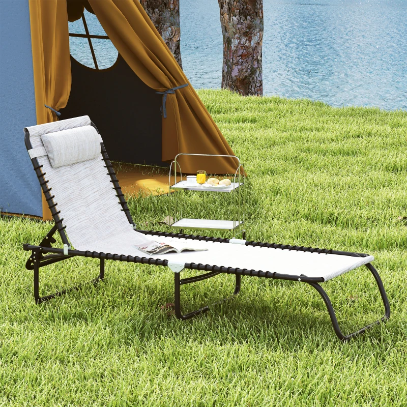 Outsunny 2 PCs Folding Lounge Chairs, Adjustable Chaise Lounges with Headrest for Camping, Hiking, Cream White
