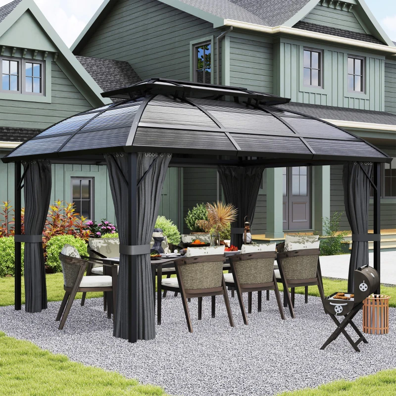 Outsunny 13' x 10' Patio Gazebo, Double Roof Outdoor Gazebo Canopy Shelter with Curtains and Aluminium Frame for Garden, Black