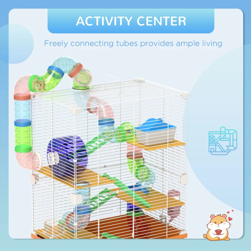 PawHut 5 Tiers Hamster Cage Portable with Exercise Wheels Play Tube Water Bottle Dishes House Ladder for Gerbils, Orange