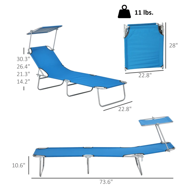 Outsunny Outdoor Pool Chaise Lounge Chair, Folding Tanning Chair with Sun Shade, Blue