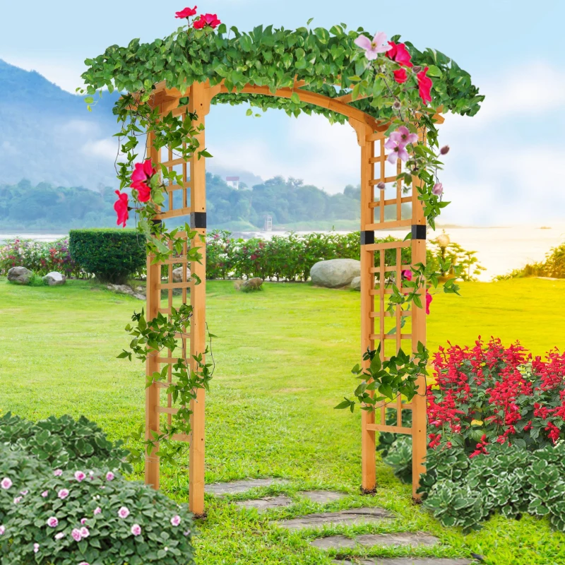 Outsunny 7.5FT Wood Garden Arch Trellis, Outdoor Walkway Round Pergola Style Arbor for Decorative Climbing Plants, Patio, Lawn, Backyard Party, Ceremony Decoration Accessories, Yellow