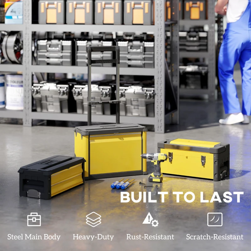 HOMCOM 3-in-1 Tool Box with Wheels, Stackable, Modular Steel Toolbox with Tray, Handles, Latches for Workshop, Garage, Yellow