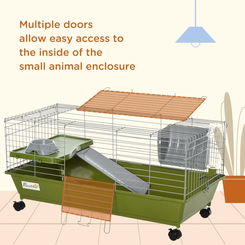 PawHut Small Animal Cage, Rolling Bunny Cage, Guinea Pig Cage with Food Dish, Water Bottle, Hay Feeder, Platform, Ramp, Green