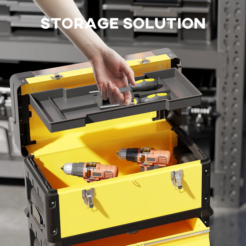 HOMCOM 3-in-1 Tool Box with Wheels, Stackable, Modular Steel Toolbox with Tray, Handles, Latches for Workshop, Garage, Yellow