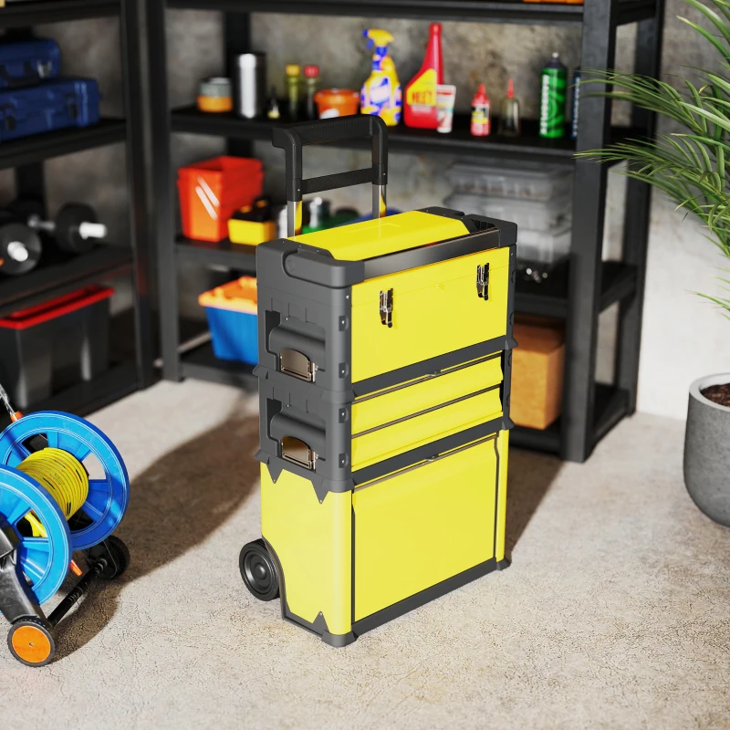HOMCOM 3-in-1 Tool Box with Wheels, Stackable, Modular Steel Toolbox with Tray, Handles, Latches for Workshop, Garage, Yellow