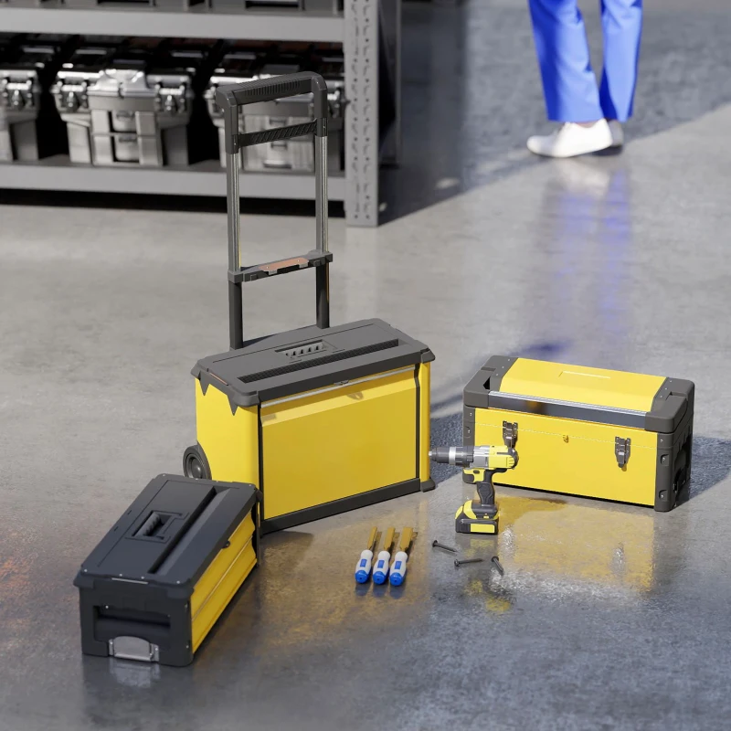 HOMCOM 3-in-1 Tool Box with Wheels, Stackable, Modular Steel Toolbox with Tray, Handles, Latches for Workshop, Garage, Yellow