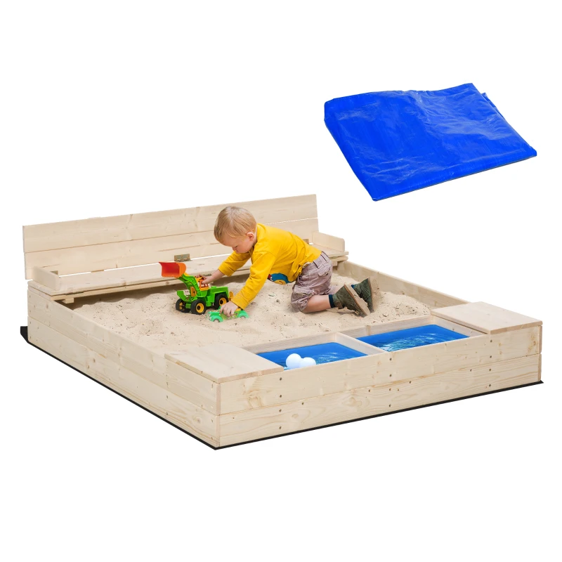 Outsunny Wooden Kids Sandbox with Foldable Bench Seat, 2 Plastic Boxes, Bottom Liner, Storage Space for Garden, Backyard