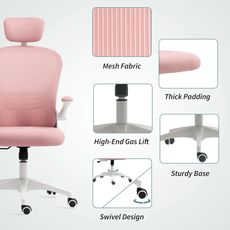 Vinsetto Office Chair, Mesh Computer Desk Chair with Adjustable Headrest, 4D Lumbar Support, Flip-up Arm, Pink
