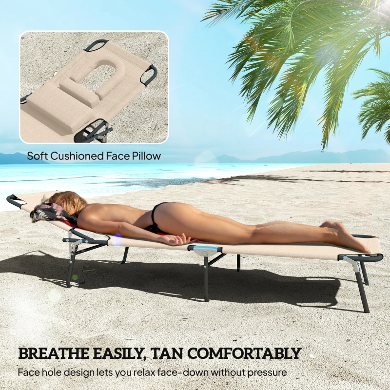 Outsunny Outdoor Lounge Chair, Garden Folding Chaise Lounge w/ Adjustable Backrest, Face Hole and Support Pillow, Beige