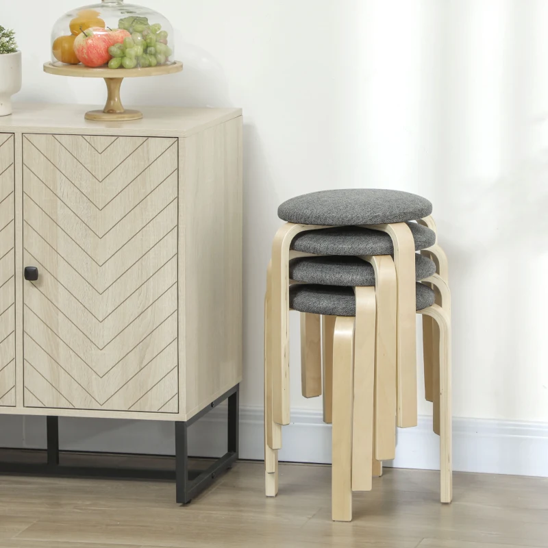 HOMCOM Stackable Wood Stools Set of 4, Stacking Kitchen Stools with Padded Seat for Dining Room, Living Room, Grey