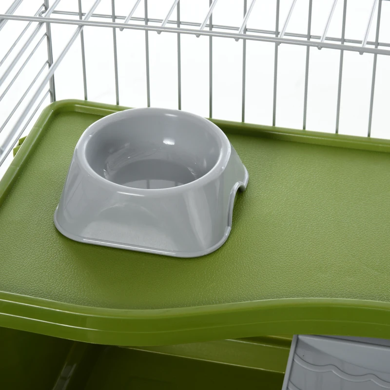 PawHut Small Animal Cage, Rolling Bunny Cage, Guinea Pig Cage with Food Dish, Water Bottle, Hay Feeder, Platform, Ramp, Green