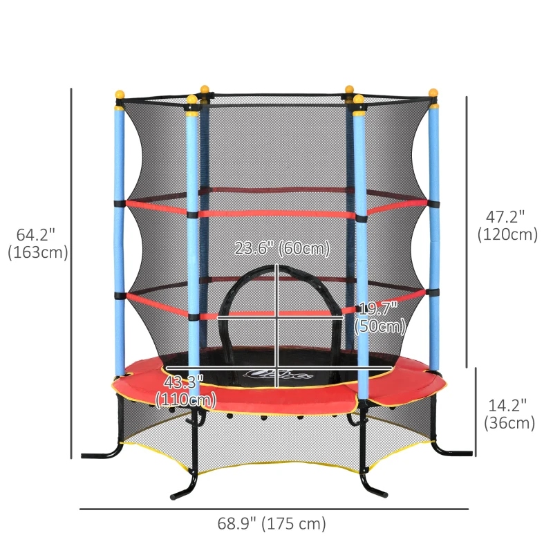 Qaba Kids Trampoline with Safety Enclosure Net and Safety Pad, Indoor Outdoor for Age 3-10 Years Old, Multi-coloured