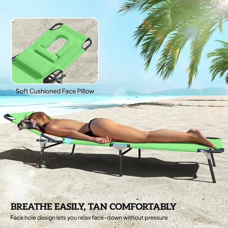 Outsunny Adjustable Outdoor Lounge Chair, Garden Folding Chaise Lounge with Face Hole Reclining Tanning Chair Seat, Folding Camping Beach Lounging Bed w/ Support Pillow, Green