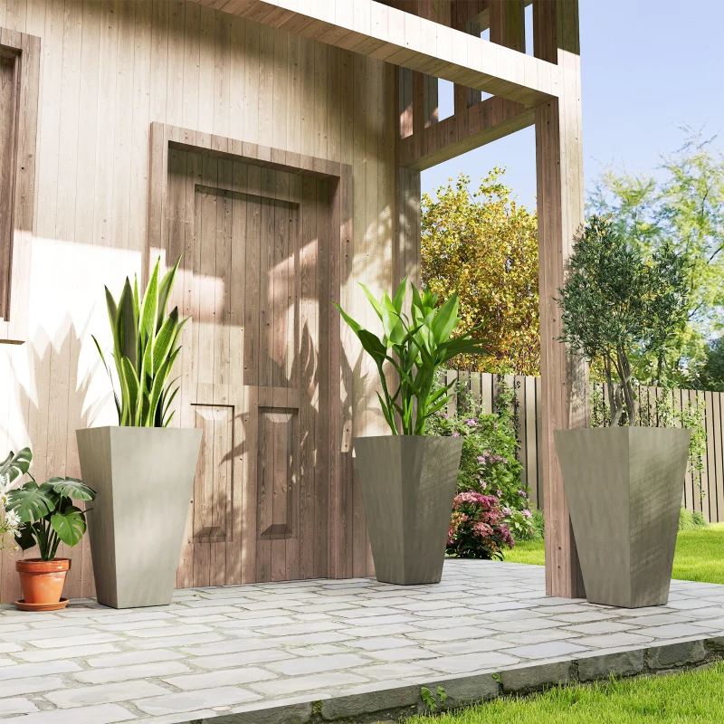 Outsunny Tall Planters for Outdoor Plants Set of 3, 28 In Taper Planters with Drainage Holes, Indoor Grande Plant Pots, Front Porch Decor, Grey