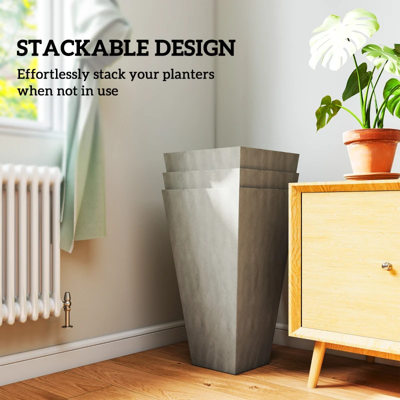 Outsunny 28" Tall Garden Plastic Planters, Outdoor and Indoor Flower Pots, Set of 3 for Entryway, Patio, Yard, Mixed Grey