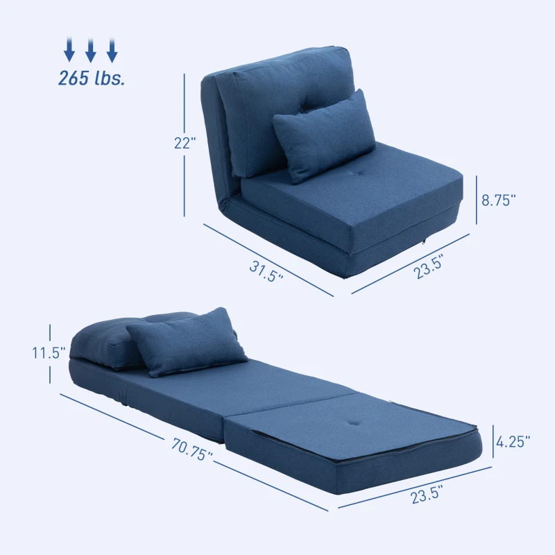 HOMCOM Floor Chair, Convertible Floor Sofa Bed, Folding Upholstered Couch Bed with Adjustable Backrest, Dark Blue