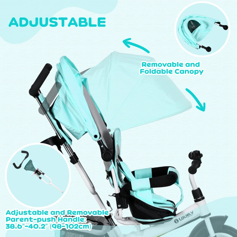 Qaba 6 in 1 Tricycle for Toddler 1-5 Years with Parent-Push Handle, Green