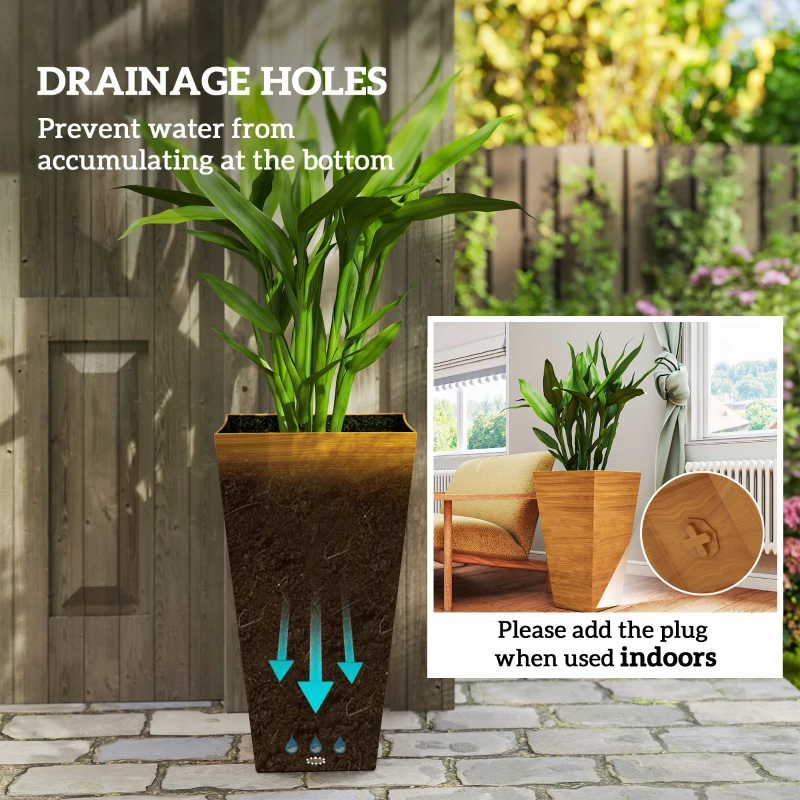 Outsunny Set of 3 Tall Planters, 28" Outdoor Planter w/ Drainage Holes, Faux Wood Plastic Flower Pots, Light Brown