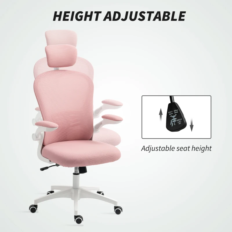 Vinsetto Office Chair, Mesh Computer Desk Chair with Adjustable Headrest, 4D Lumbar Support, Flip-up Arm, Pink