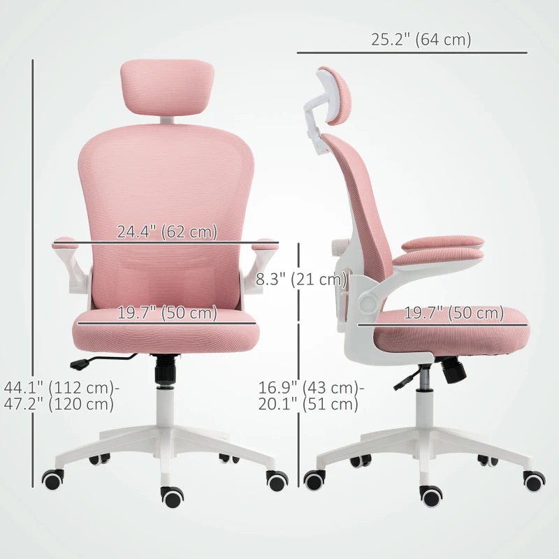 Vinsetto Office Chair, Mesh Computer Desk Chair with Adjustable Headrest, 4D Lumbar Support, Flip-up Arm, Pink