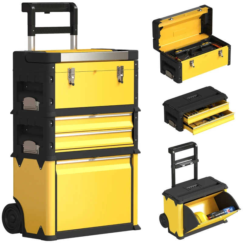 HOMCOM 3-in-1 Tool Box with Wheels, Stackable, Modular Steel Toolbox with Tray, Handles, Latches for Workshop, Garage, Yellow