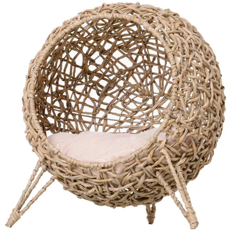 PawHut Rattan Cat House with Cushion, Elevated Wicker Kitten Bed for Indoor Cats, Natural Wood