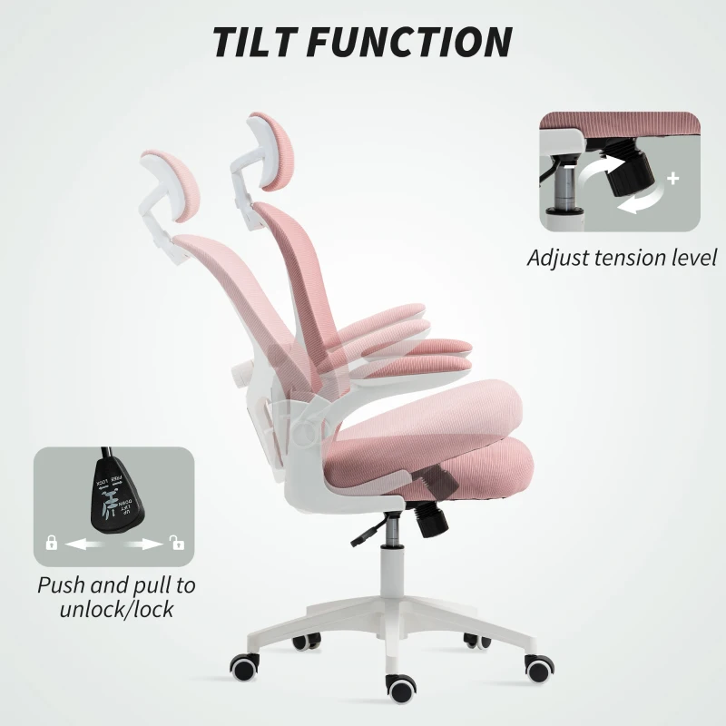 Vinsetto Office Chair, Mesh Computer Desk Chair with Adjustable Headrest, 4D Lumbar Support, Flip-up Arm, Pink
