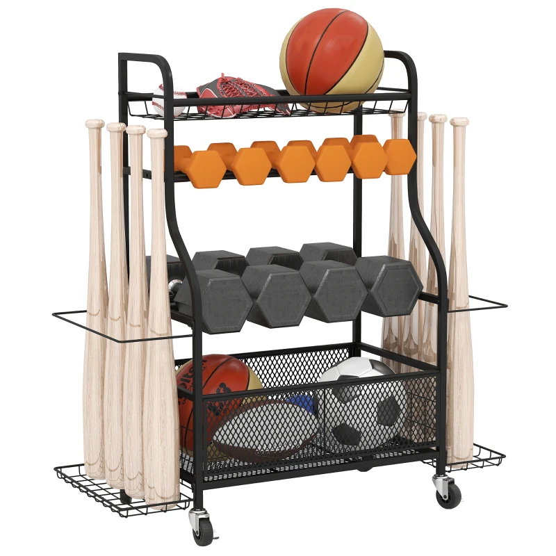 Soozier Garage Sports Equipment Organizer, Rolling Home Gym Storage Rack with Wheels, Dumbbell Rack and Ball Storage Holder