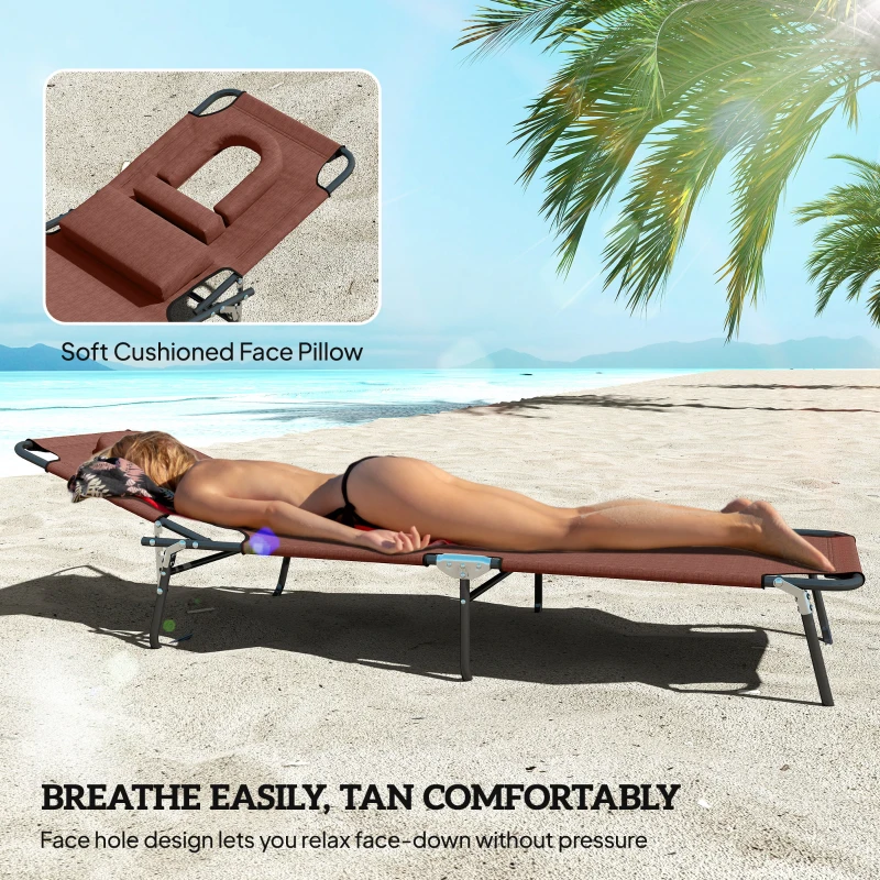 Outsunny Adjustable Outdoor Lounge Chair, Garden Folding Chaise Lounge with Face Hole Reclining Tanning Chair Seat, Folding Camping Beach Lounging Bed w/ Support Pillow, Brown
