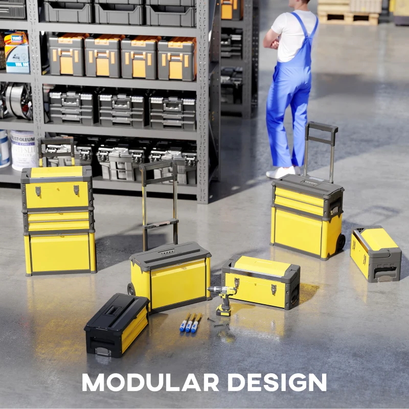 HOMCOM 3-in-1 Tool Box with Wheels, Stackable, Modular Steel Toolbox with Tray, Handles, Latches for Workshop, Garage, Yellow