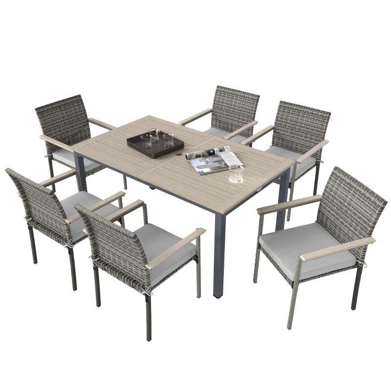 Outsunny 7 Pieces Wicker Outdoor Furniture Set, Rattan Patio Dining Set with Cushions, Umbrella Hole for Garden Backyard, Grey