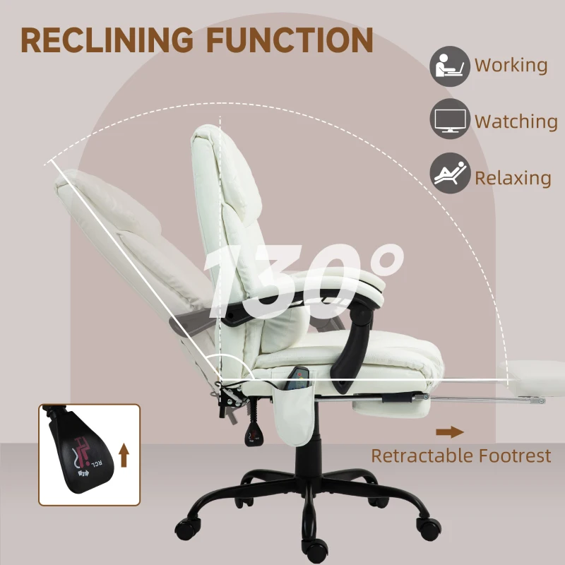 Vinsetto 6-Point Vibration Massage Chair, Height Adjustable Reclining Computer Chair with Retractable Footrest, White