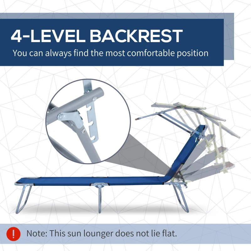 Outsunny Outdoor Lounge Chair, Adjustable Folding Chaise Lounge,  Tanning Chair with Sun Shade for Beach, Camping, Hiking, Backyard, Blue