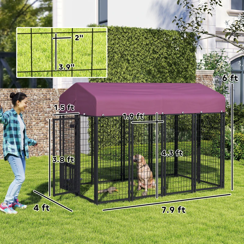 PawHut Welded Wire Outdoor Dog Kennel with 360° Rotating & 4 Levels Adjustable Bowls, Waterproof Cover, 7.9' x 4' x 6'