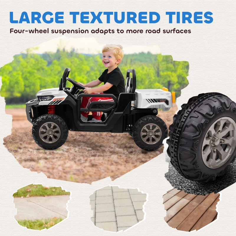 Aosom 12V Ride on Car with Electric Bucket, Two-Seater, Shovel, Remote Control, Spring Suspension, Horn, Music, White