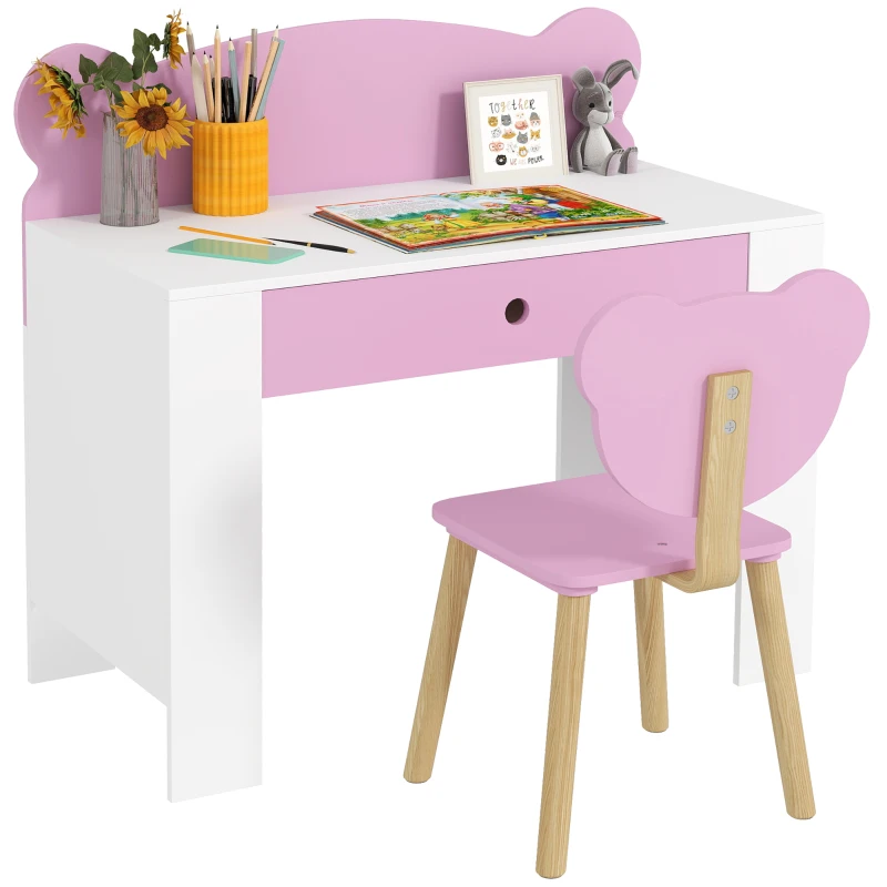 Qaba Kids Desk and Chair Set with Drawer for Drawing, Reading, Bear Theme Children Furniture for Bedroom, Daycare, Pink