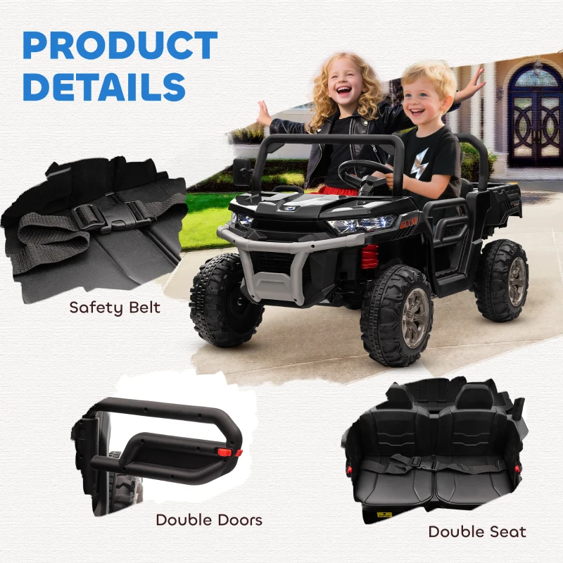 Aosom 12V Ride on Car with Electric Bucket, Two-Seater, Shovel, Remote Control, Spring Suspension, Horn, Music, Black