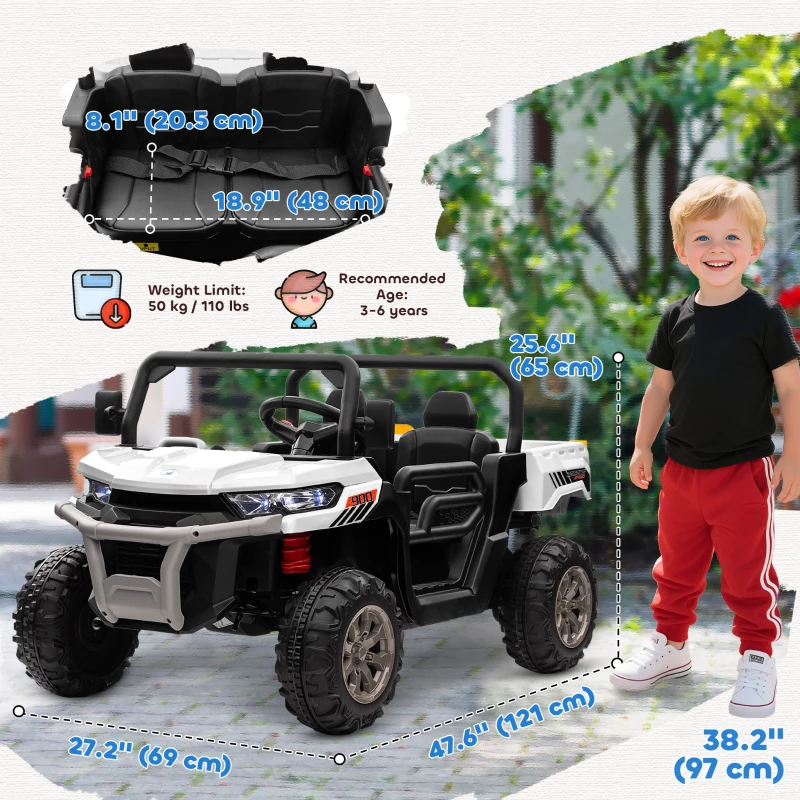 Aosom 12V Ride on Car with Electric Bucket, Two-Seater, Shovel, Remote Control, Spring Suspension, Horn, Music, White
